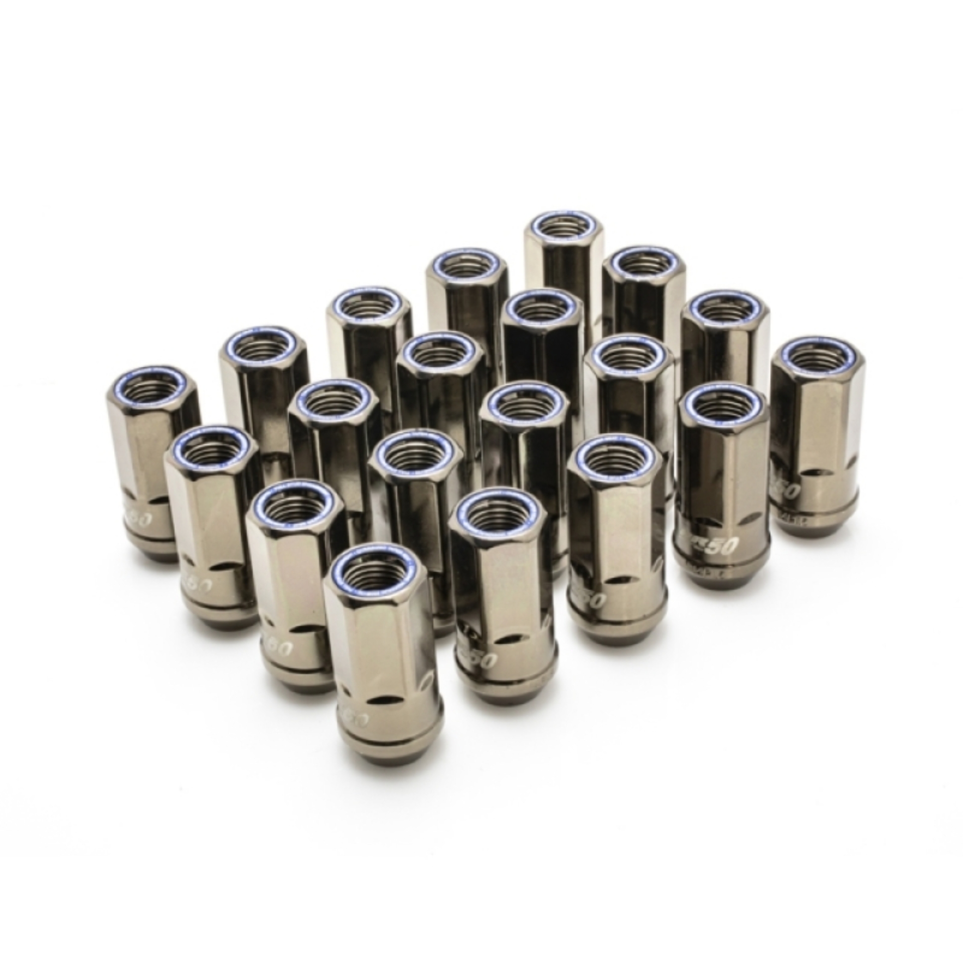 Picture of Wheel Mate Muteki HR50 Open End Lug Nuts - Titanium Chrome w/ Blue Ring 14x1.50