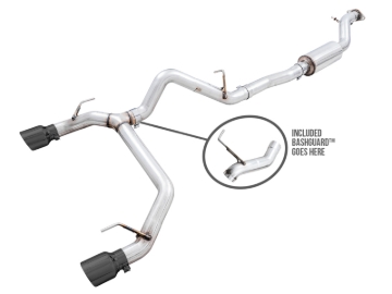 Picture of AWE Tuning 2021+ Ford Bronco 0FG Dual Rear Exit Exhaust w/Diamond Black Tips & Bash Guard