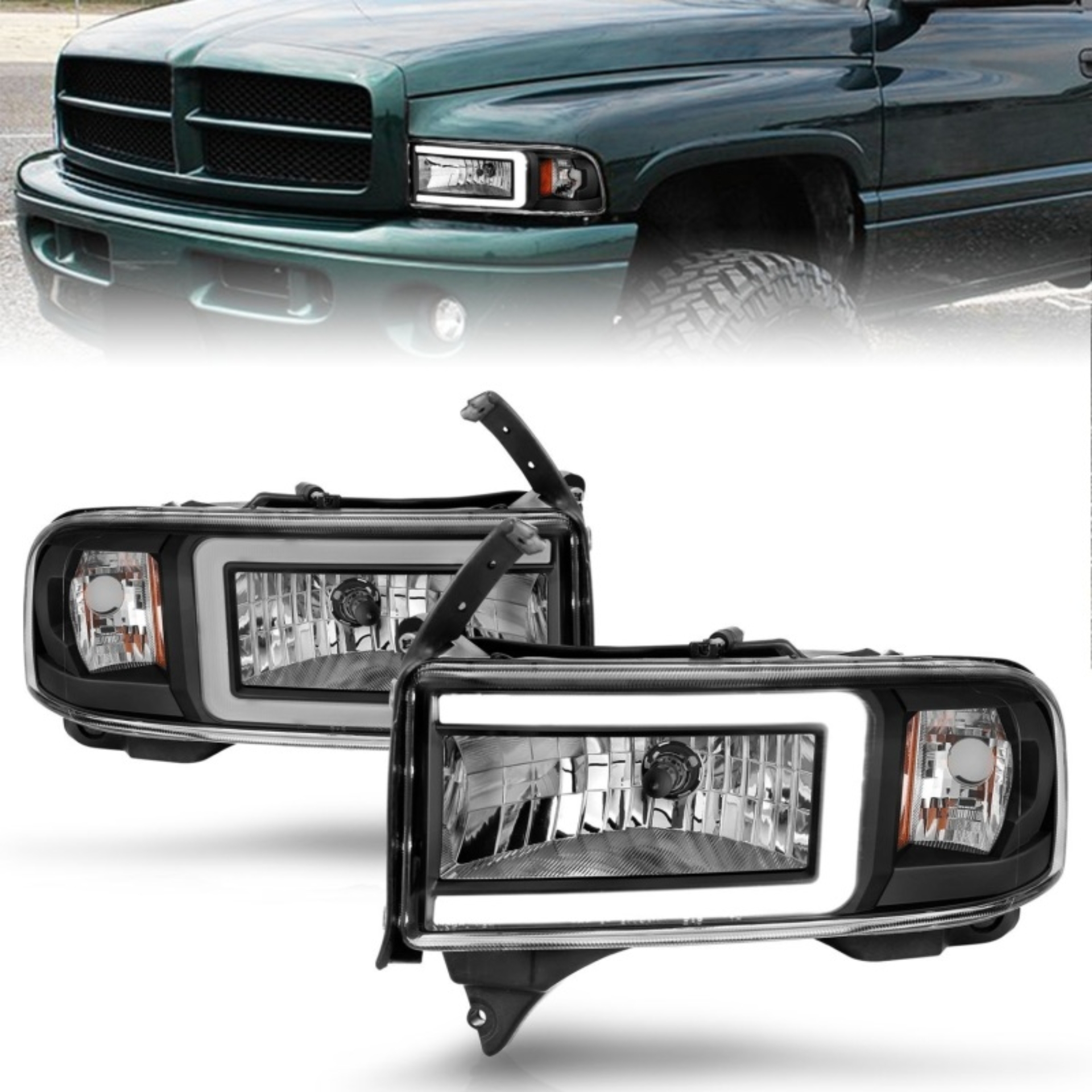 Picture of ANZO 94-02 Dodge RAM Crystal Headlight - w/ Light Bar Black Housing