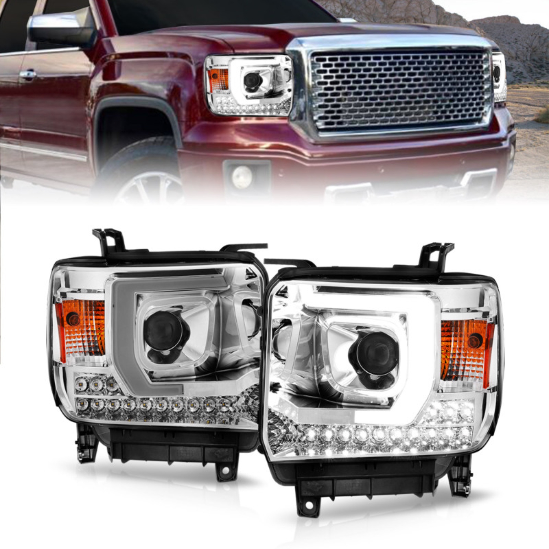 Picture of ANZO 14-15 GMC Sierra 1500/2500HD/3500HD Plank Style Projector Headlight - Chrome Housing