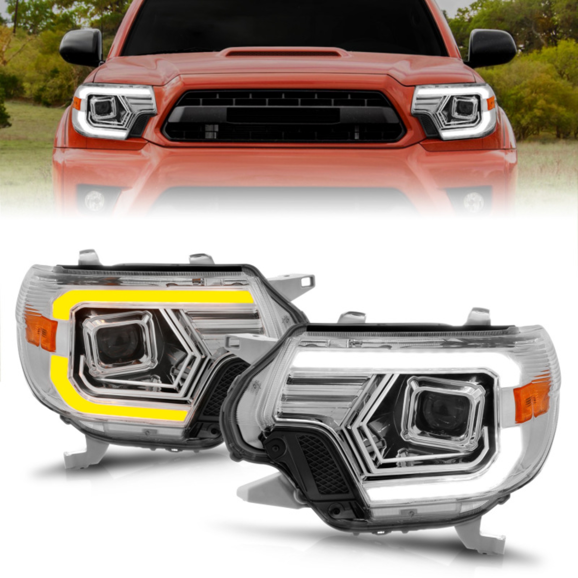 Picture of ANZO 12-15 Toyota Tacoma Projector Headlights - w/ Light Bar Switchback Chrome Housing