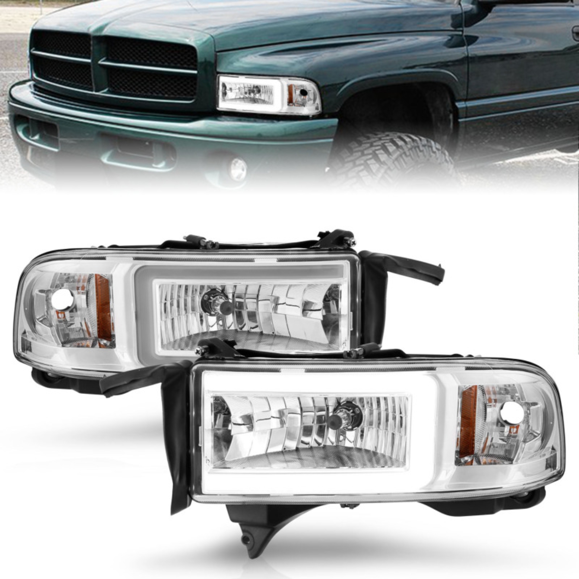 Picture of ANZO 94-02 Dodge RAM Crystal Headlight - w/ Light Bar Chrome Housing