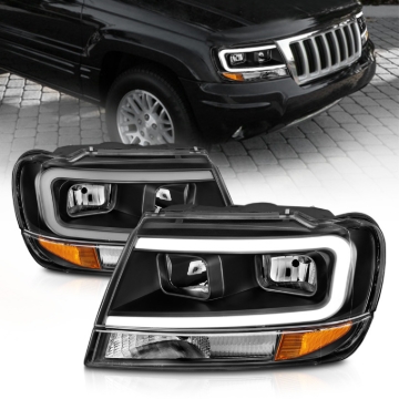 Picture of ANZO 99-04 Jeep Grand Cherokee Crystal Headlights - w/ Light Bar Black Housing