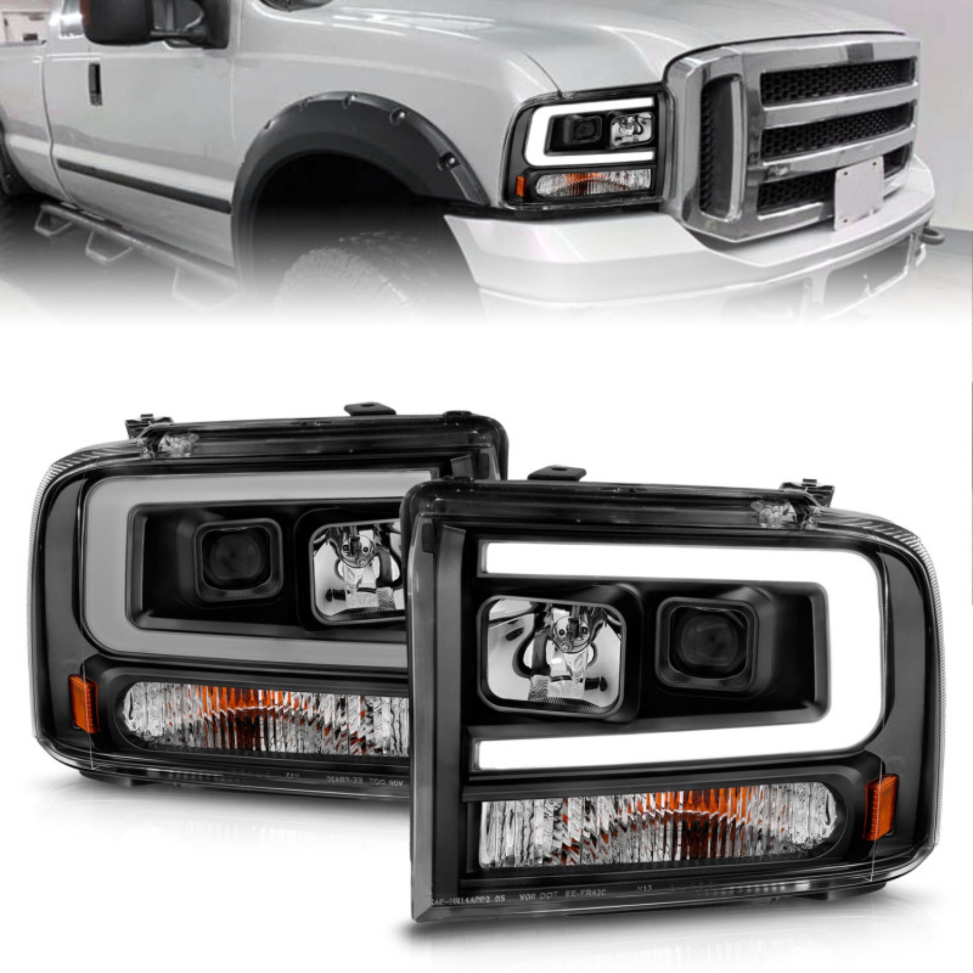 Picture of ANZO 99-04 Ford F250/F350/F450/Excursion (excl 99) Projector Headlights - w/ Light Bar Black Housing