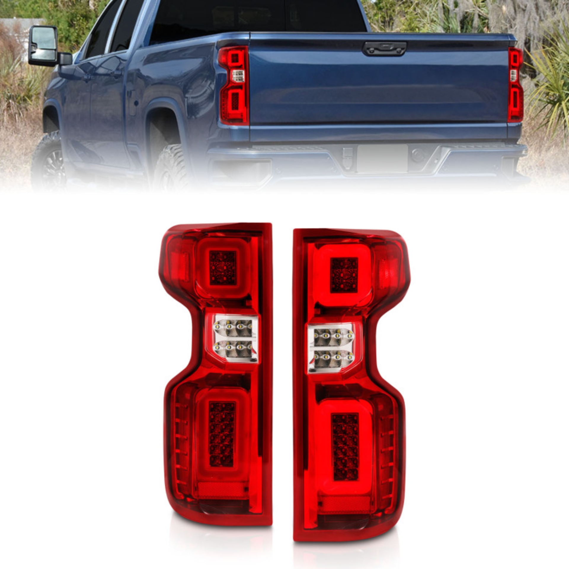 Picture of ANZO 19-21 Chevy Silverado Work Truck Full LED Taillights Chrome Housing Red Lens G2(w/C light Bars)