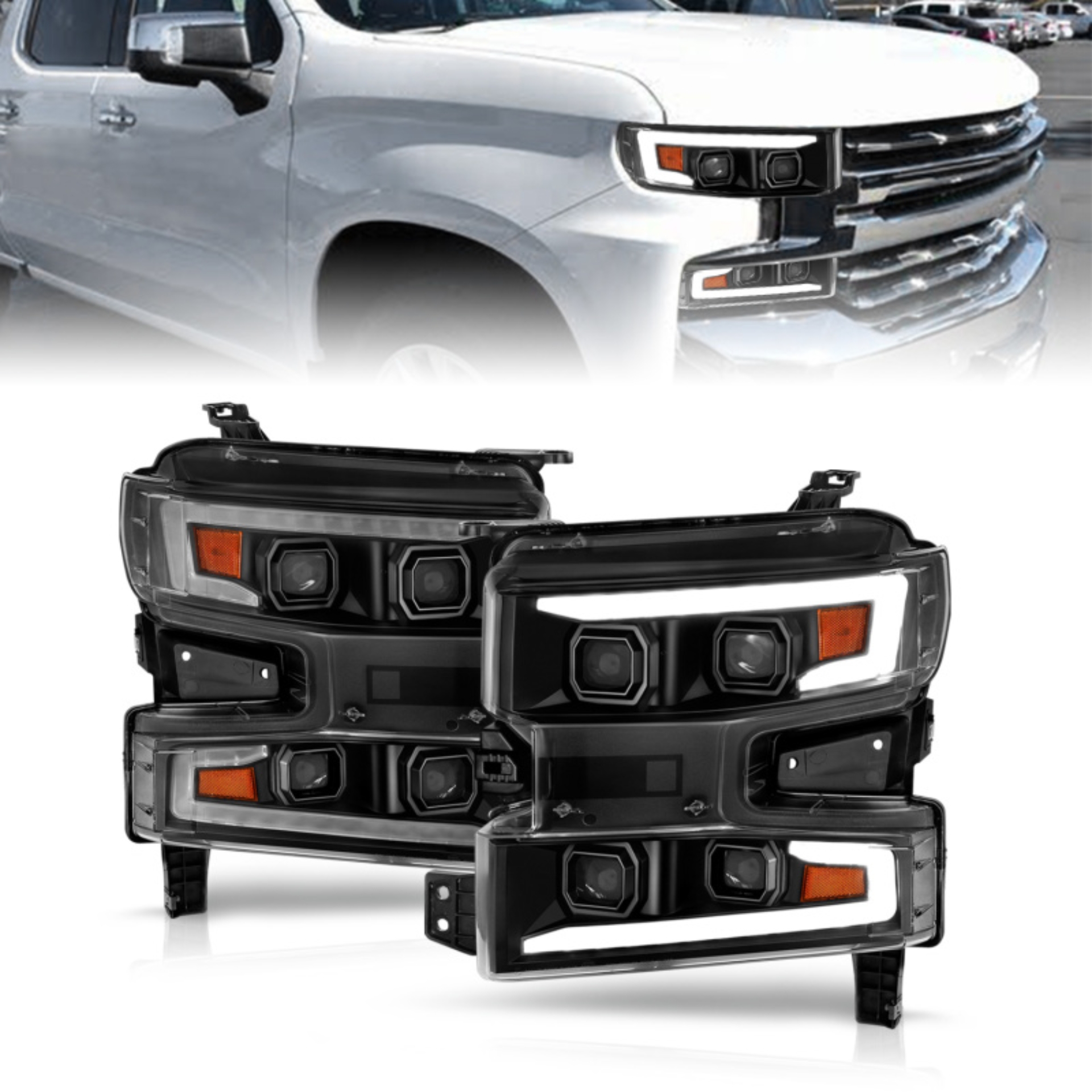 Picture of ANZO 19-22 Chevrolet Silverado 1500 LED Proj HL w/Lgt Bar SwBk Seq. Blk w/In. Light - Passenger Side