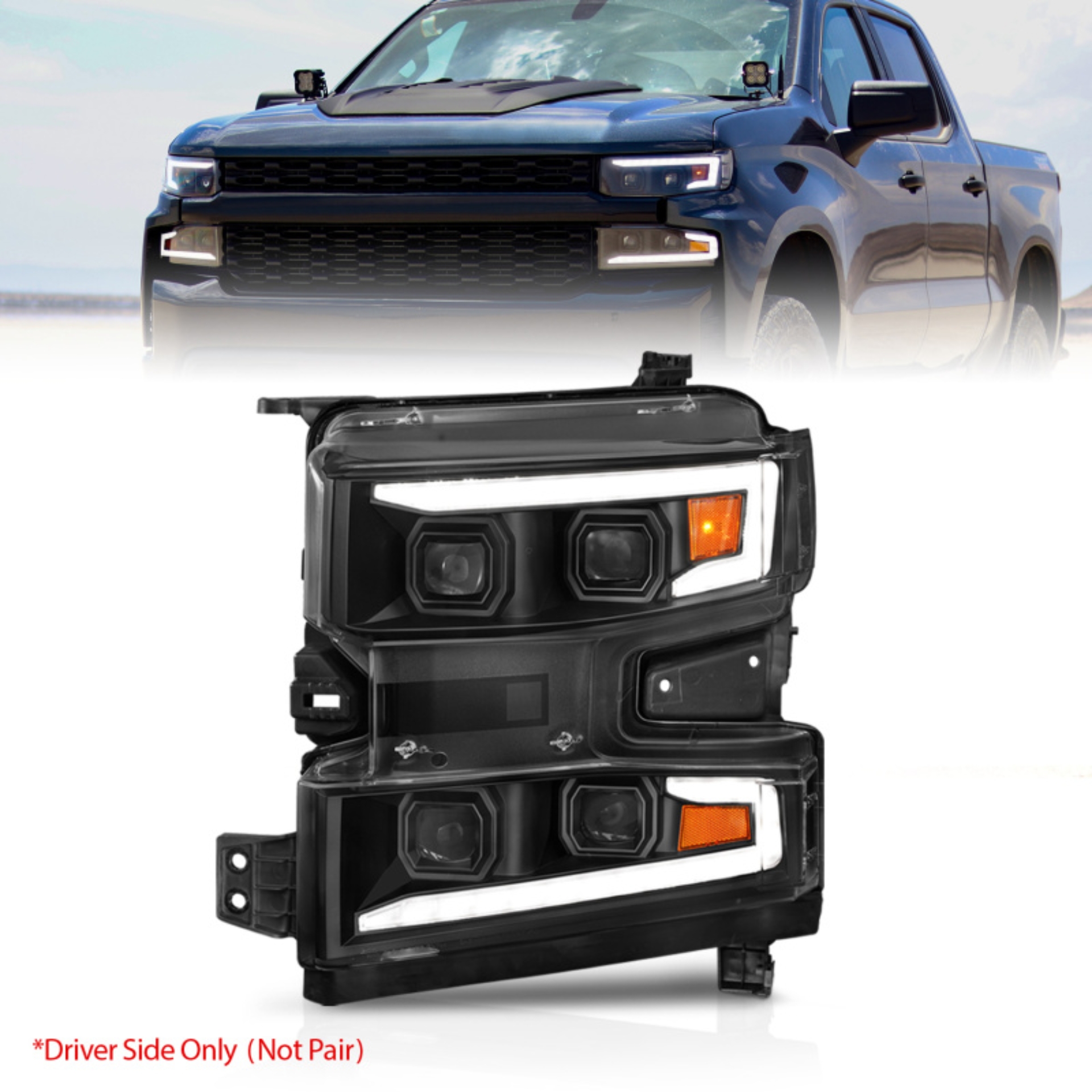 Picture of ANZO 19-22 Chevrolet Silverado 1500 LED Proj HL w/Lgt Bar SwBk Seq. Blk w/In. Light - Driver Side ON