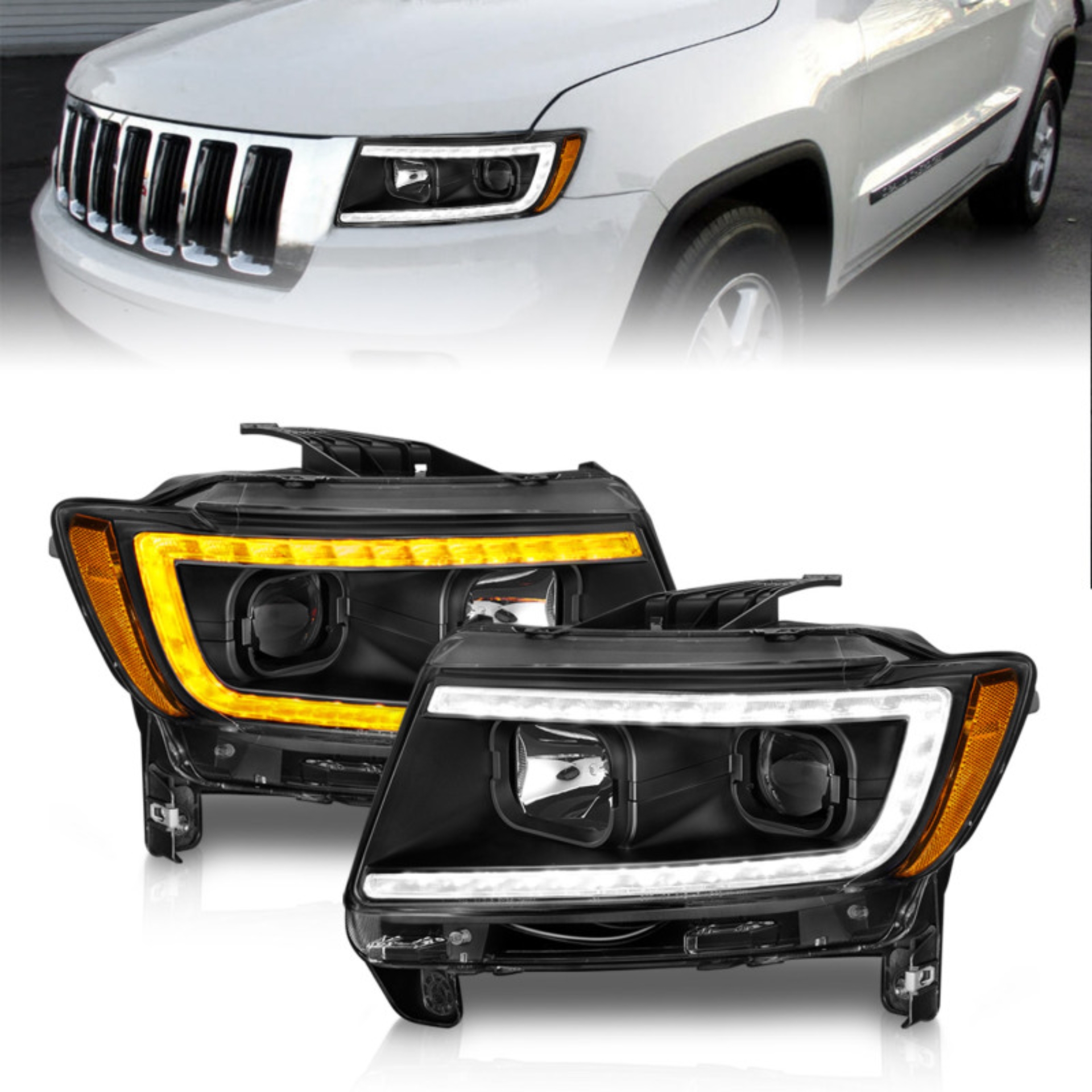 Picture of ANZO 11-13 Jeep Grand Cherokee (Factory Halogen Only) Projector Headlights w/Light Bar Swtchbk Black