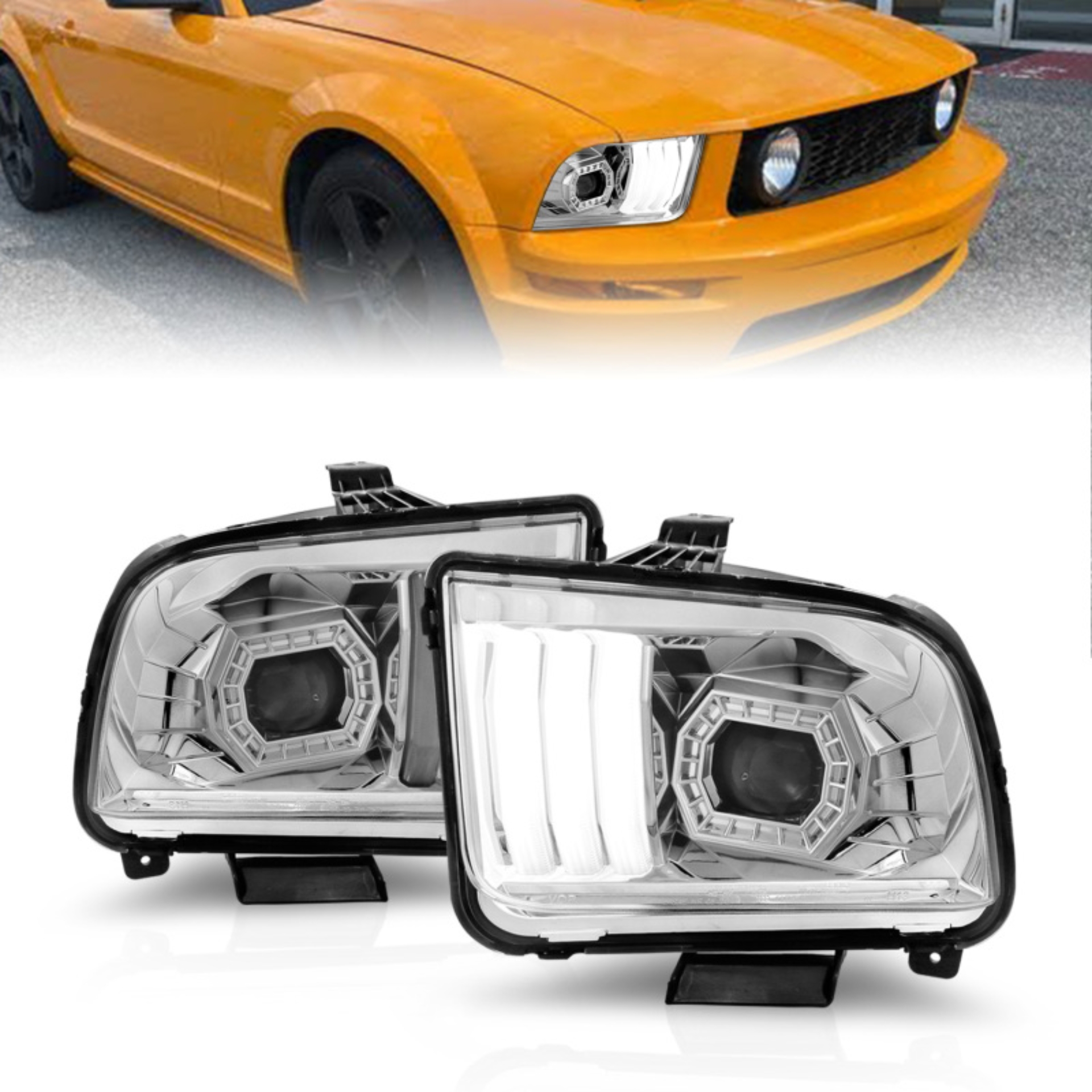 Picture of ANZO 05-09 Ford Mustang (w/Factory Halogen HL Only) Projector Headlights w/Light Bar Chrome Housing