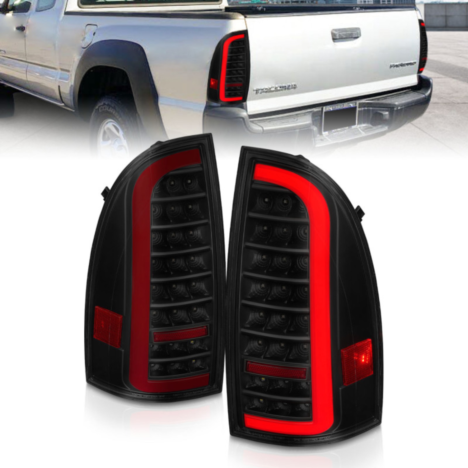 Picture of ANZO 05-15 Toyota Tacoma Full LED Tail Lights w/Light Bar Sequential Black Housing Smoke Lens