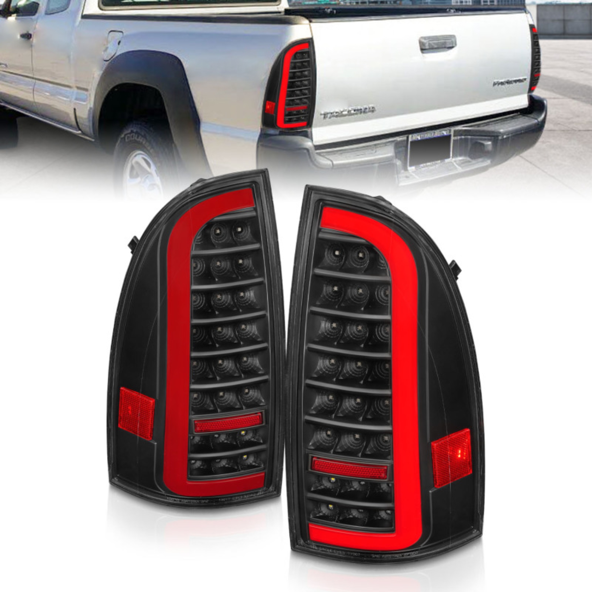 Picture of ANZO 05-15 Toyota Tacoma Full LED Tail Lights w/Light Bar Sequential Black Housing Clear Lens