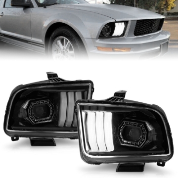 Picture of ANZO 05-09 Ford Mustang (w/Factory Halogen HL Only) Projector Headlights w/Light Bar Black Housing