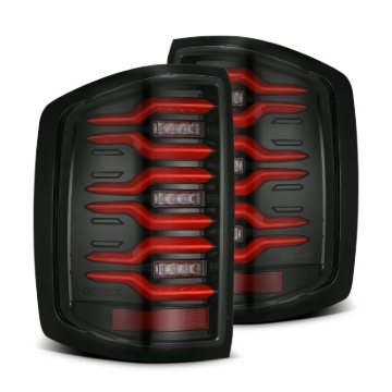 Picture of AlphaRex 14-18 Chevy Silverado 1500 Luxx-Series LED Tail Lights Black/Red w/Activ Light/Seq Signal