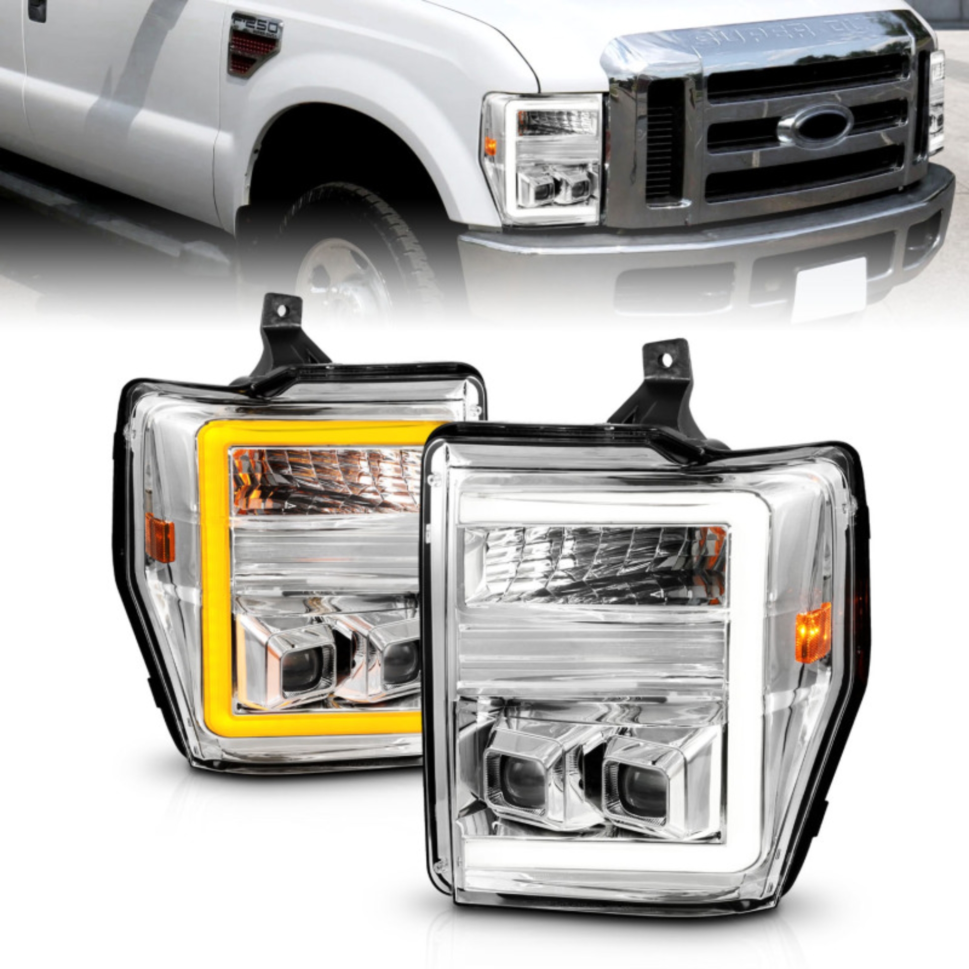 Picture of ANZO 08-10 Ford F-250 - F-550 Super Duty Projector Headlights w/ Light Bar Switchback Chrome Housing