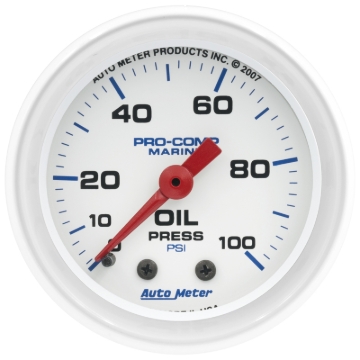 Picture of Autometer Marine White 2 1/16in 100 psi Mechanical Oil Pressure Gauge