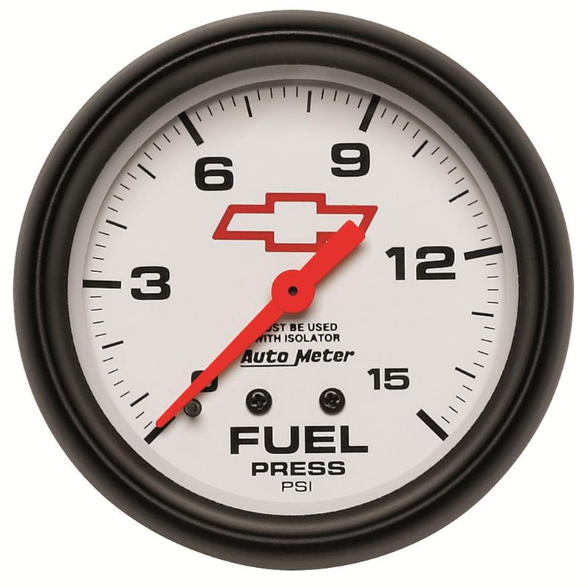 Picture of AutoMeter Gauge Fuel Press 2-5/8in. 15PSI Mech W/Isolator Chevy Red Bowtie White