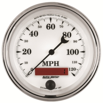 Picture of AutoMeter Gauge Speedometer 3-3/8in. 120MPH Elec. Prog. W/ Lcd Odo Old Tyme Wht II