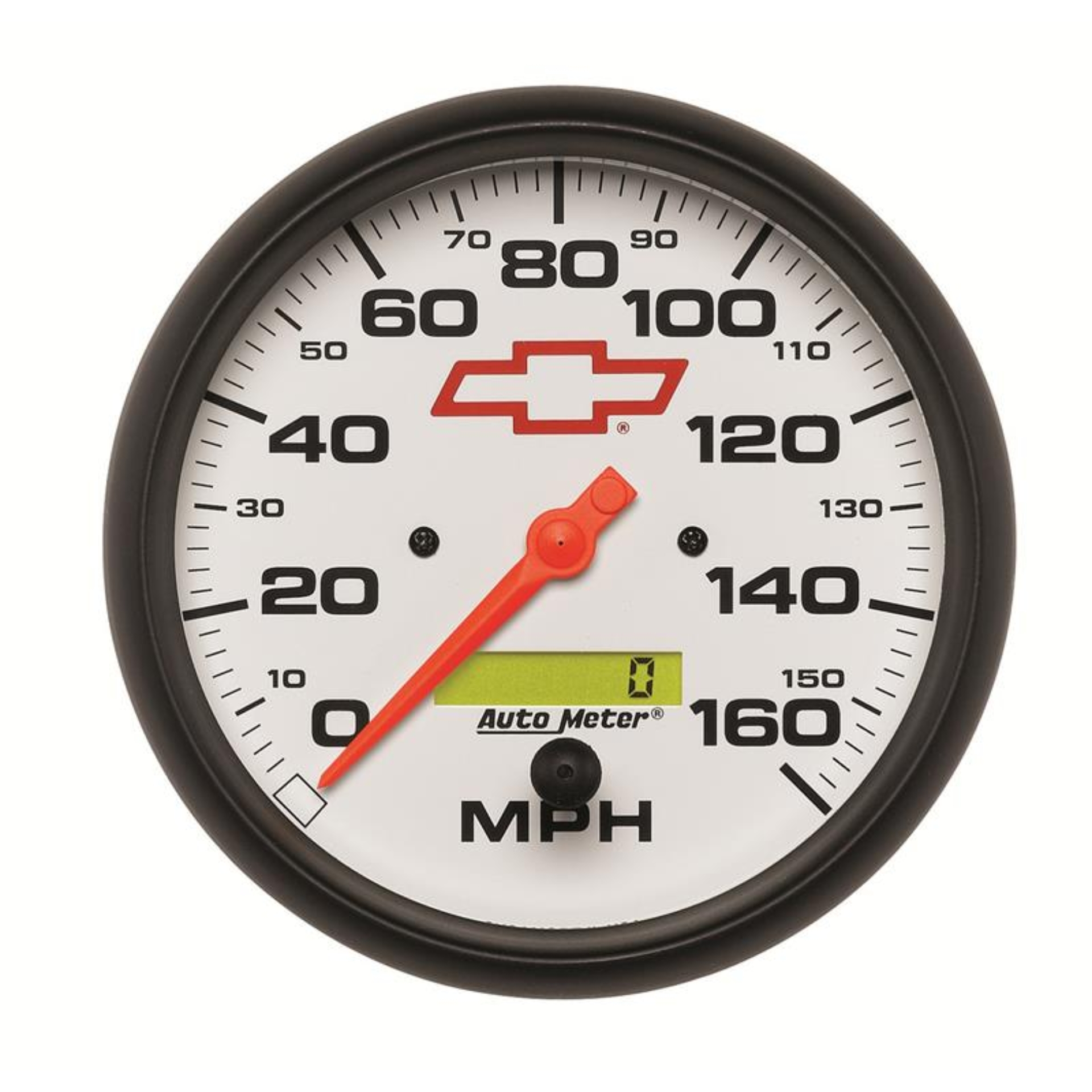 Picture of AutoMeter Gauge Speedometer 5in. 160MPH Elec. Programmable Chevy Red Bowtie White