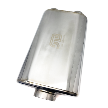Picture of Stainless Bros 17in Overall Length 3in Thin Oval SS304 Muffler - 3in Offset In/Offset Out