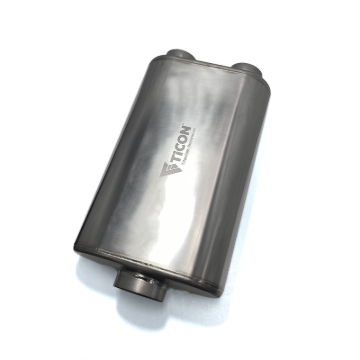 Picture of Ticon Industries 17in OAL 3in Thin Oval Matte Finish Titanium Muffler - 3in Center In/2.5in Dual Out