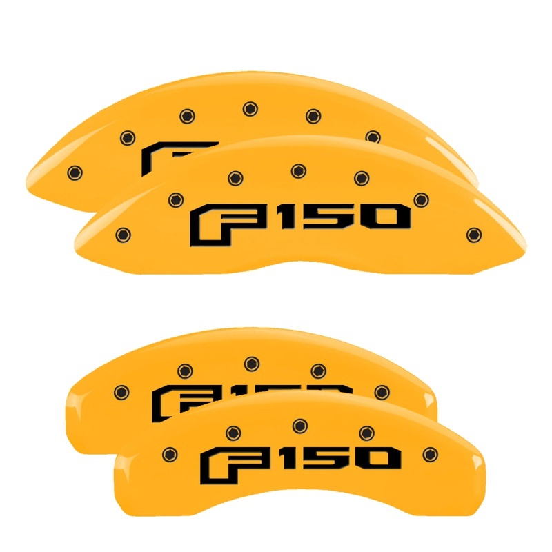 Picture of MGP 4 Caliper Covers Engraved Front & Rear 2015 Ford F-150 Yellow Finish Black F-150 Logo