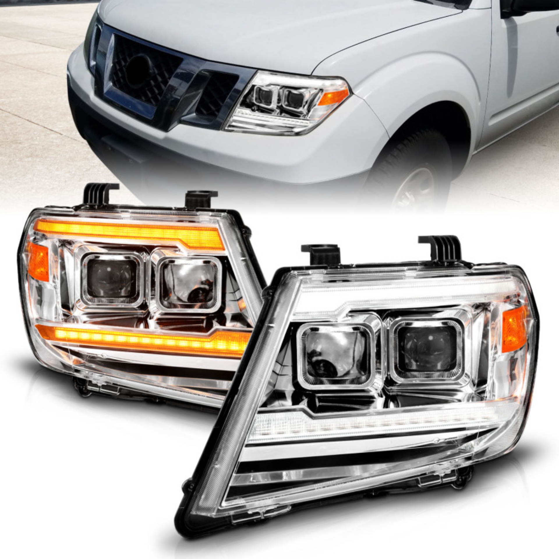 Picture of ANZO 09-20 Nissan Frontier Chrome Projector Plank Style DRL w/ Switchback & Sequential LED DRL