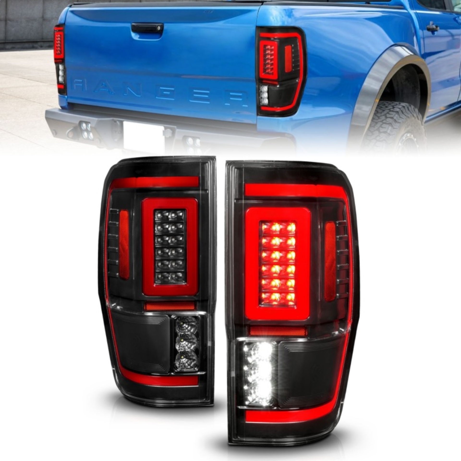 Picture of ANZO 19-22 Ford Ranger Full LED Taillights w/ Lightbar Sequential Signal Black Housing/Clear Lens