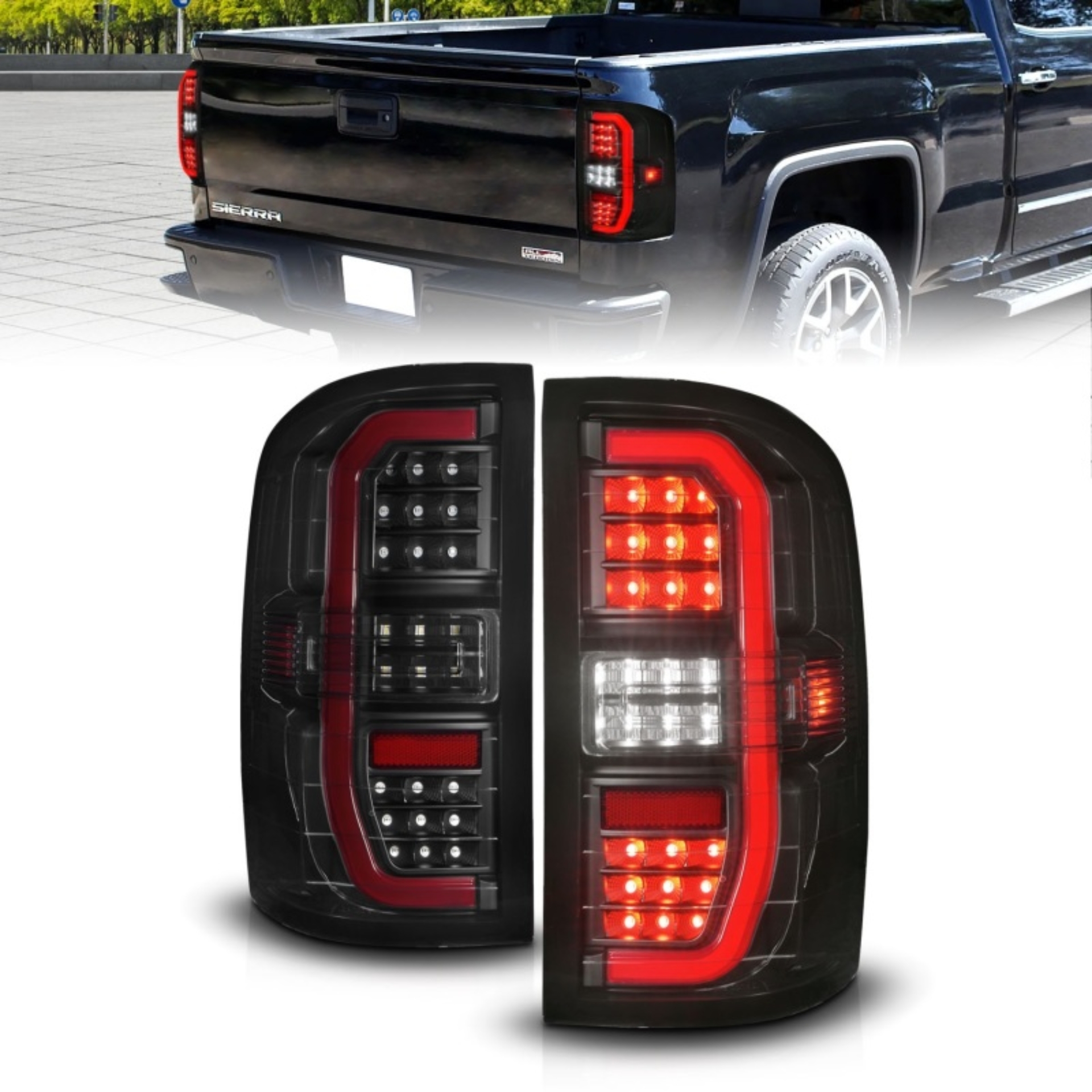 Picture of ANZO 14-18 GMC Sierra 1500 Full LED Taillights Black Housing Smoke Lens (w/C Light Bars)