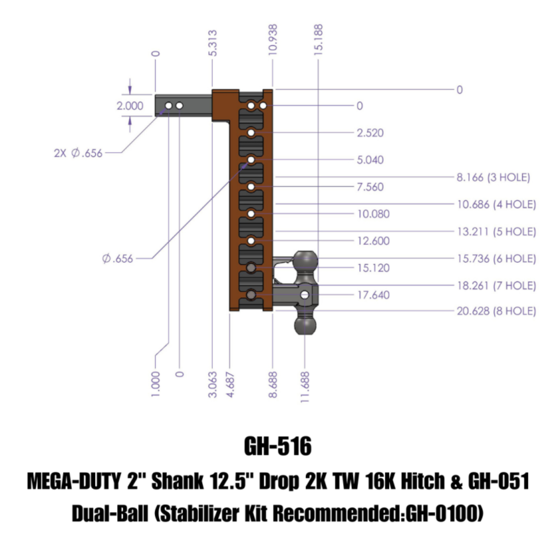 Picture of Gen-Y Mega Duty 2in Shank 12.5in Drop 16K Hitch w/GH-051 Dual-Ball