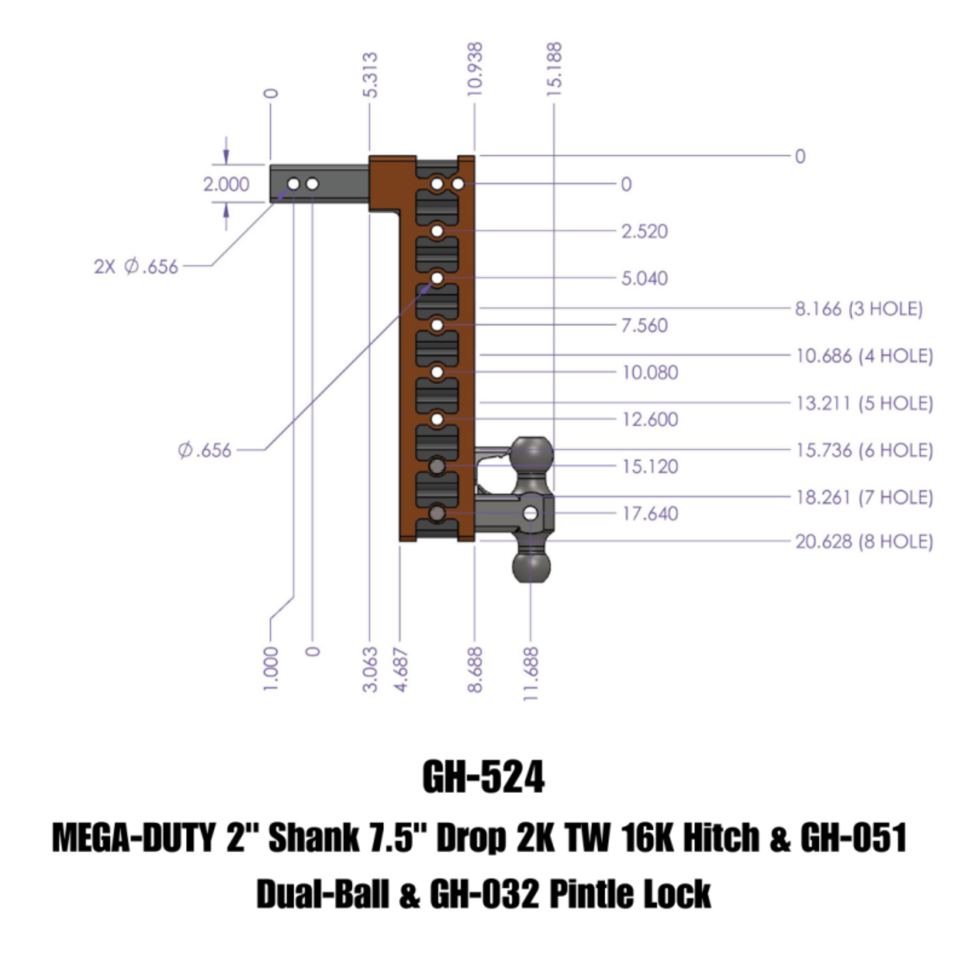 Picture of Gen-Y Mega Duty 2in Shank 7.5in Drop 2K TW 16K Hitch w/GH-051 Dual-Ball/GH-032 Pintle Lock