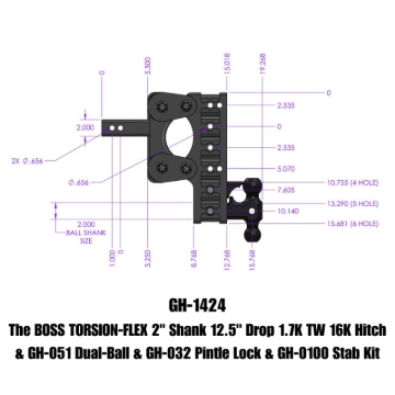 Picture of Gen-Y The Boss Torsion-Flex 2in Shank 12.5in Drop 16K Hitch w/GH-051 Dual-Ball/Pintle Lock/Stab Kit