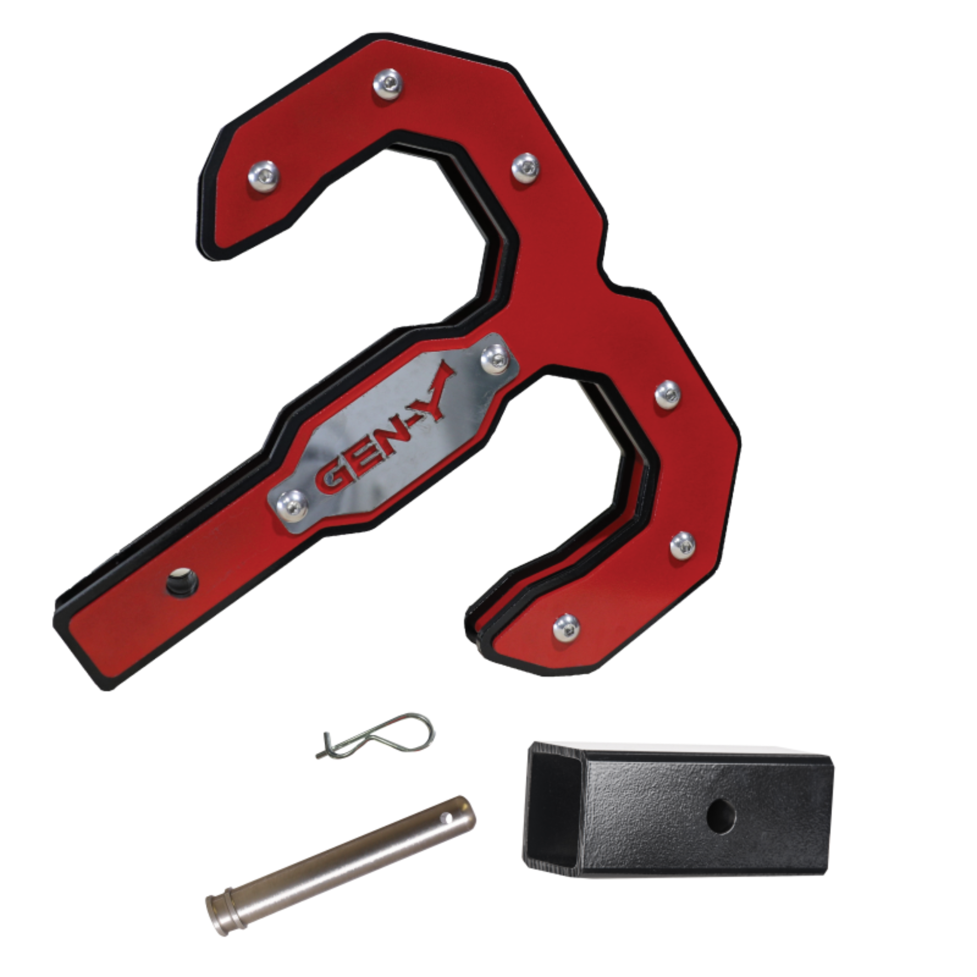 Picture of Gen-Y Hulk 2.0 16K Tow Hook 2in Shank w/GH-009 Reducer Sleeve/GH-099 Pin/GH-011 Clip - Black/Red