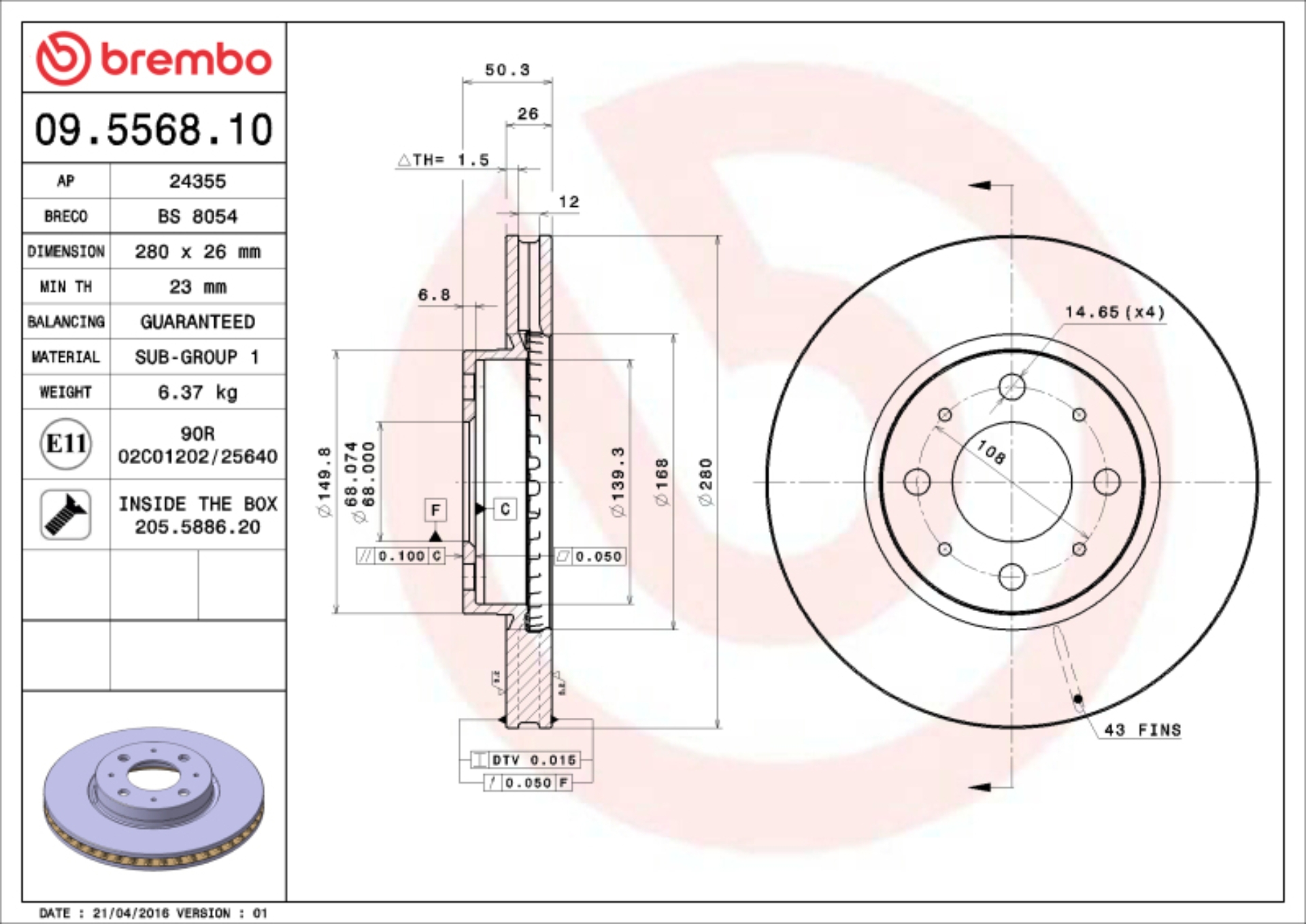 Picture of Brembo 1993 Volvo 850 Front Premium OE Equivalent Rotor