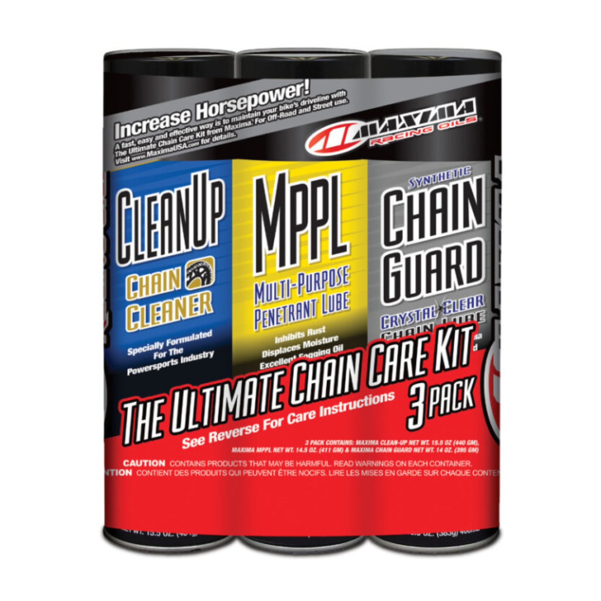 Picture of Maxima Synthetic Ultimate Chain Guard Care Combo Kit - Clean-Up/MPPL/Chain Guard 3-Pack (Aerosol)