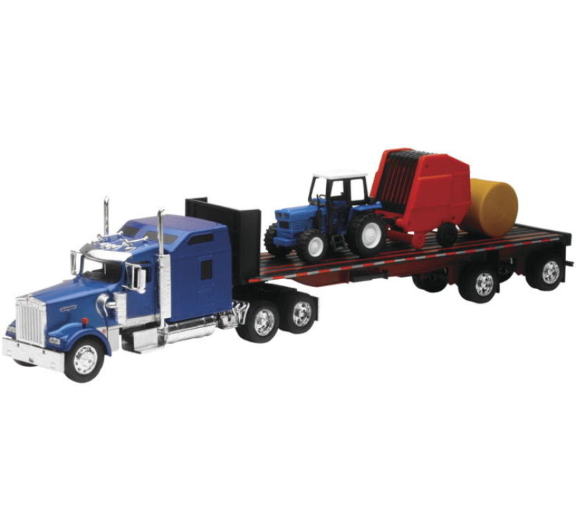Picture of New Ray Toys Kenworth W900 with Flatbed, Tractor and Round Haybales/ Scale - 1:32