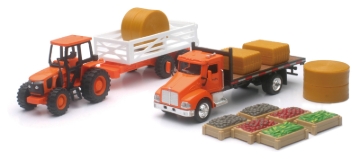 Picture of New Ray Toys Kubota Farm Tractor Play Set with Truck, Trailer, Crates and Haybales/ Scale - 1:32