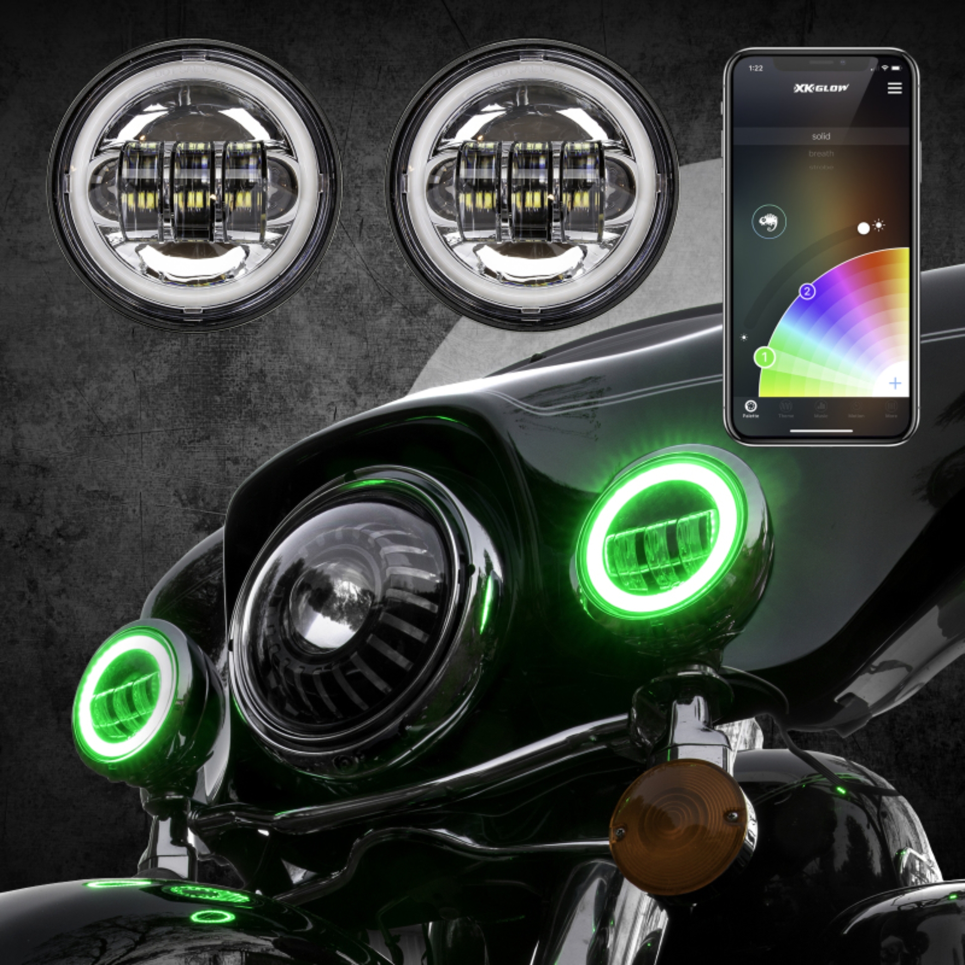 Picture of XK Glow 4.5In Chrome RGB LED Harley Running Light XKchrome Bluetooth App Controlled Kit