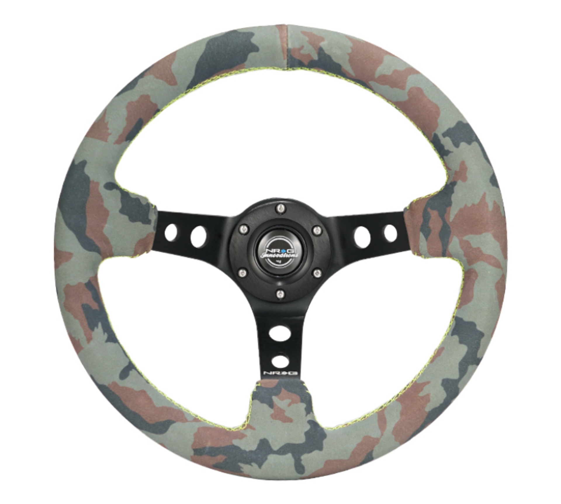Picture of NRG Reinforced Steering Wheel (350mm / 3in. Deep) Camo Suede Mark w/ Neon Grn stitching & Blk Spoke