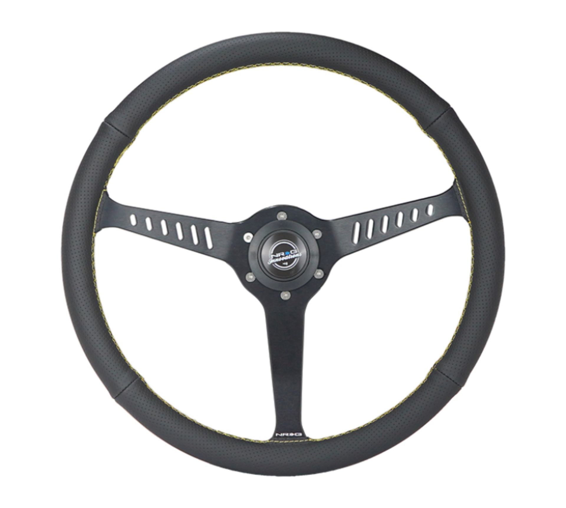 Picture of NRG Reinforced Steering Wheel (380mm/1in. Deep) Perforated Leather and Yellow Stitching