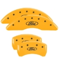 Picture of MGP 4 Caliper Covers Engraved Front & Rear 24-25 Ford Mustang EcoBoost Yellow Finish Black Ford Logo