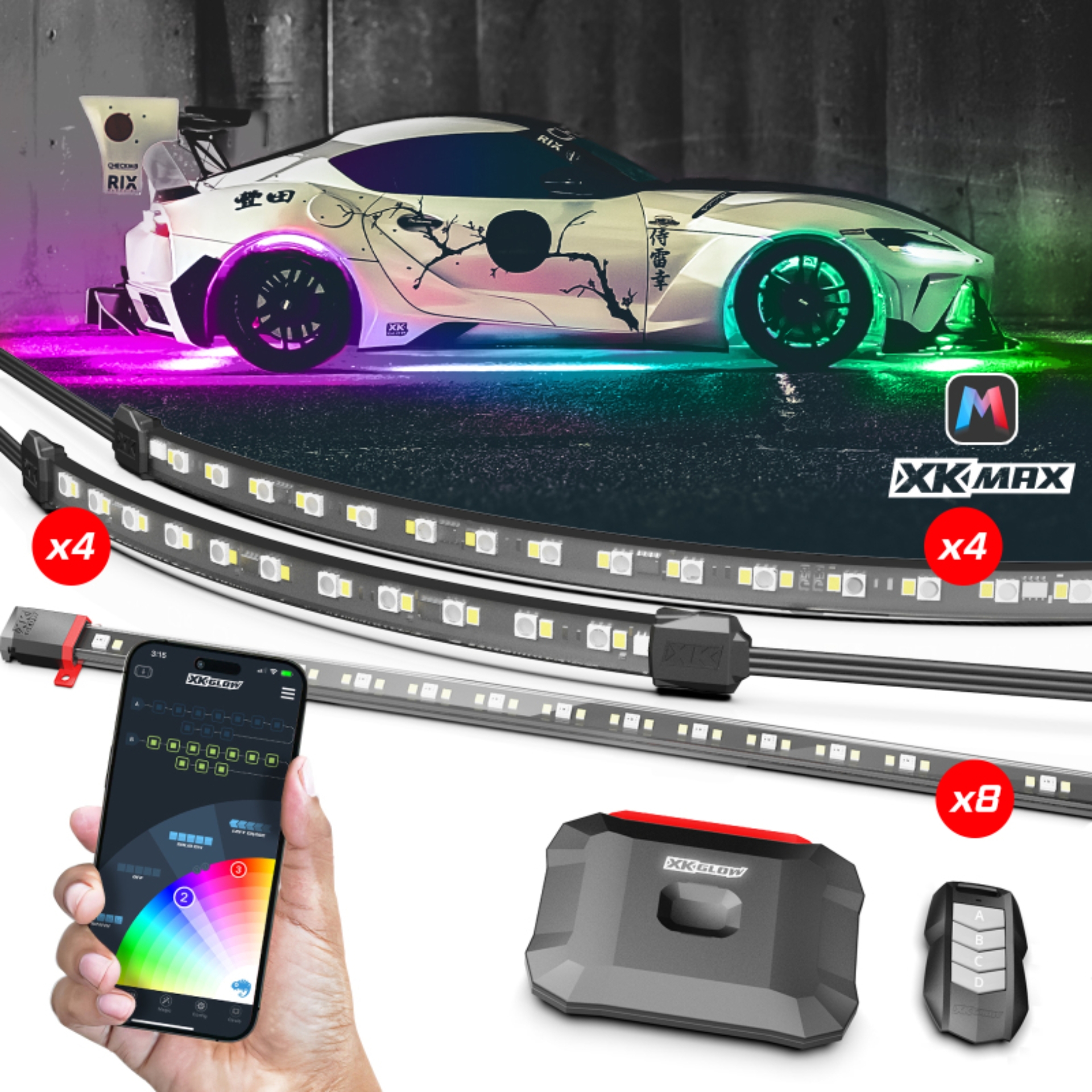 Picture of XK Glow XKmax RGBW 16pc Addressable Car Underglow + Interior + Wheel Kit