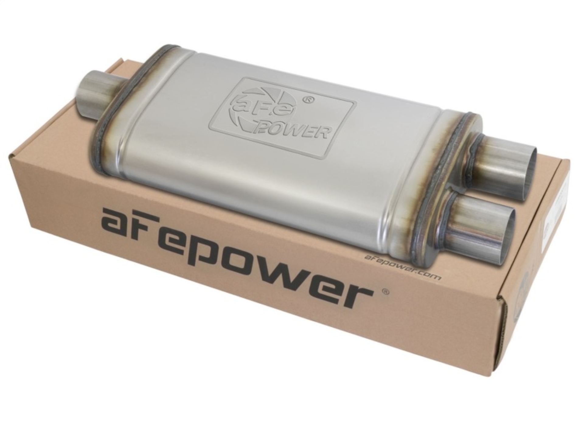 Picture of aFe MACHForce XP SS Muffler 2.5in Center Inlet / 2.5in Dual Outlets 18in L x 9in W x 4in H Body