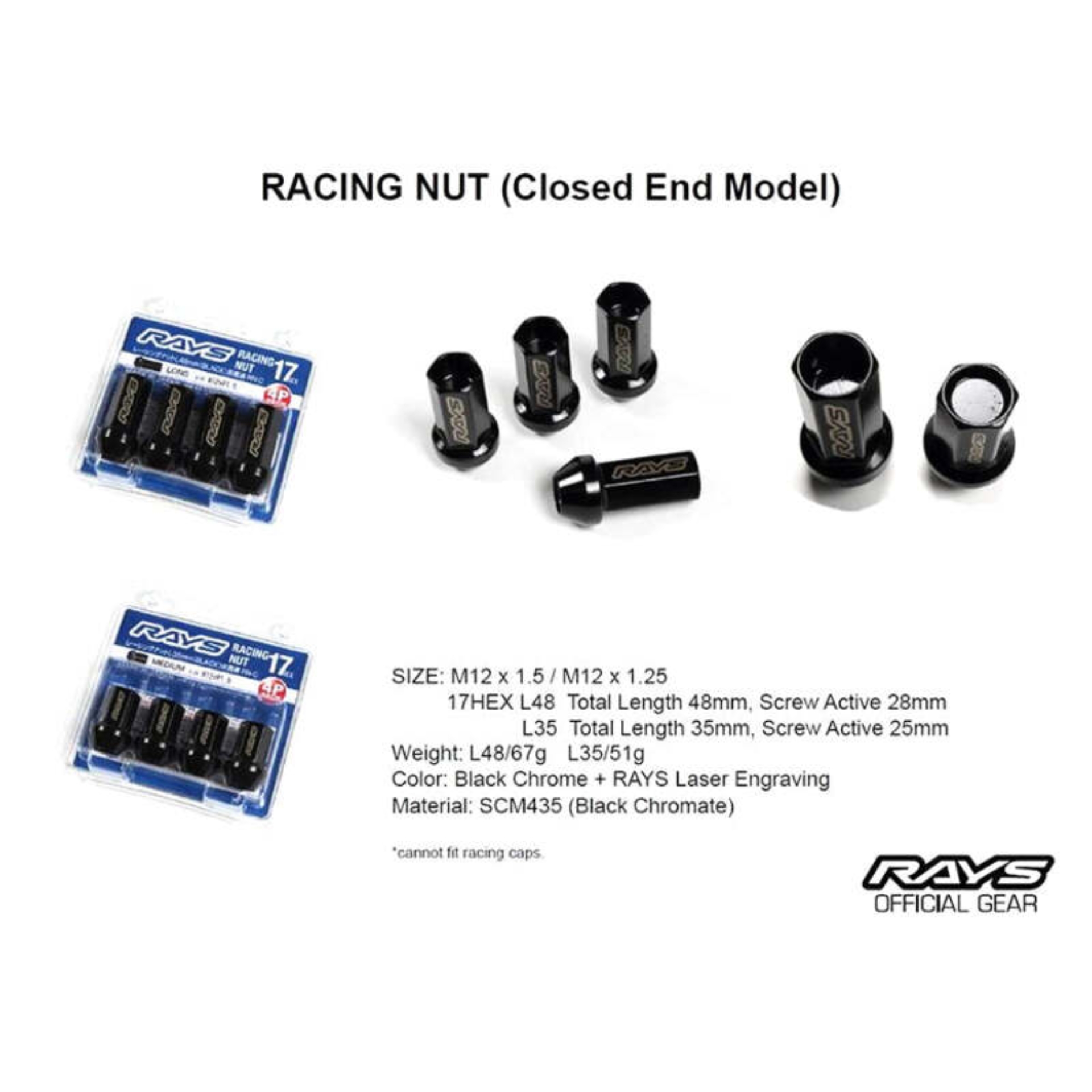 Picture of Rays 17HEX Racing Nut 12x1.5 Set L48 (Closed End) (4 PCS) - Black Chromate