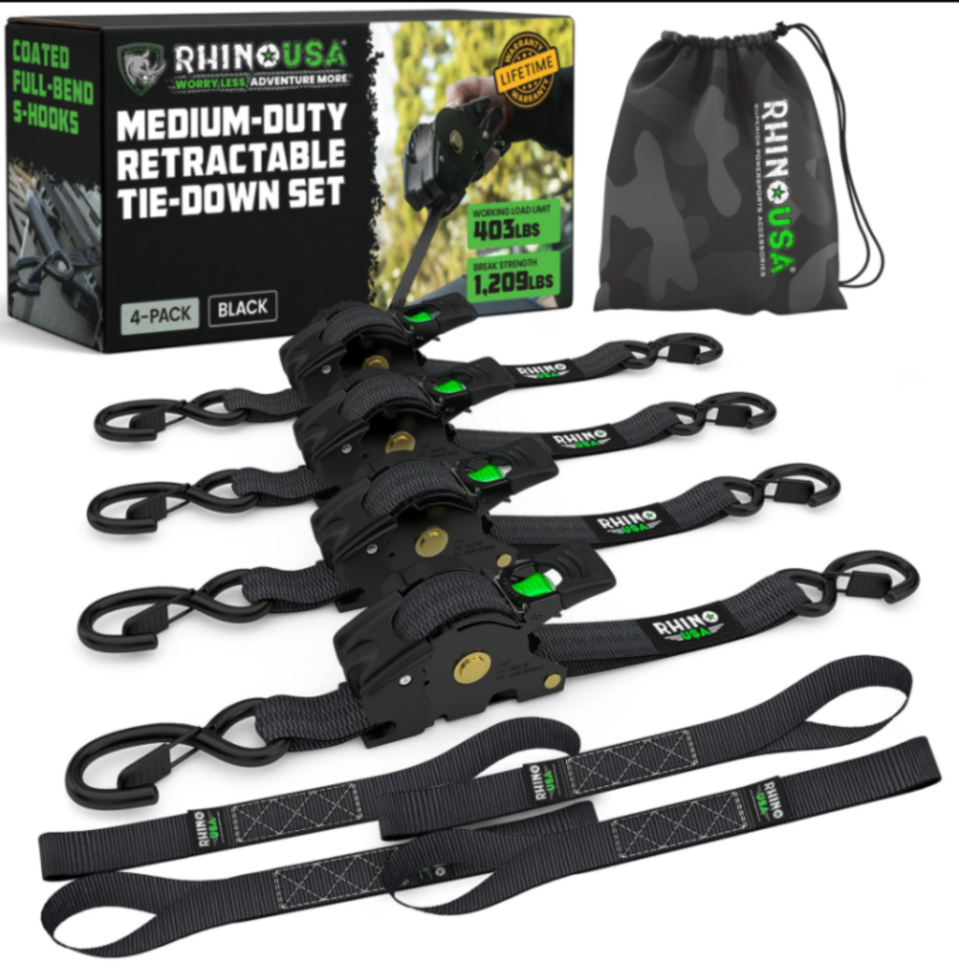 Picture of Rhino USA Retractable Ratchet Straps (2Pk 1Inx10Ft) Black