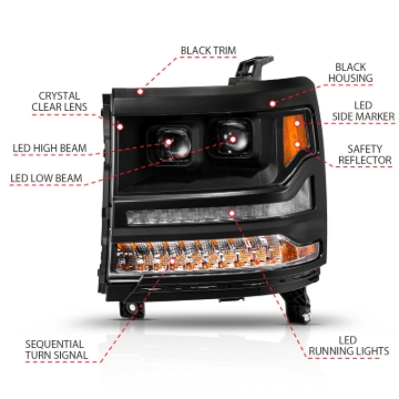 Picture of ANZO 16-18 Chevy Silverado 1500 (Factory HID Models ONLY) Full LED Proj Headlights Black - Pair