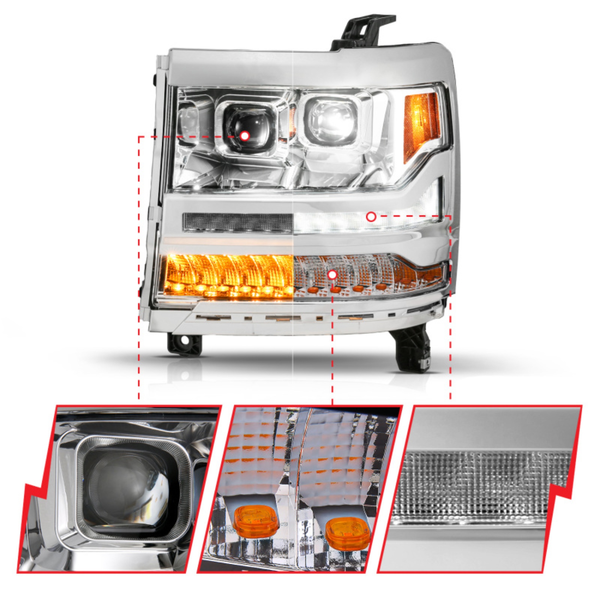 Picture of ANZO 16-18 Chevy Silverado 1500 (Factory HID Models ONLY) Full LED Proj Headlights Chrome - Pair