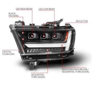 Picture of ANZO 19-24 RAM 1500 (New Body/OE Halogen) Full LED Proj Headlights DRL/SeqSig Black - Driver Side