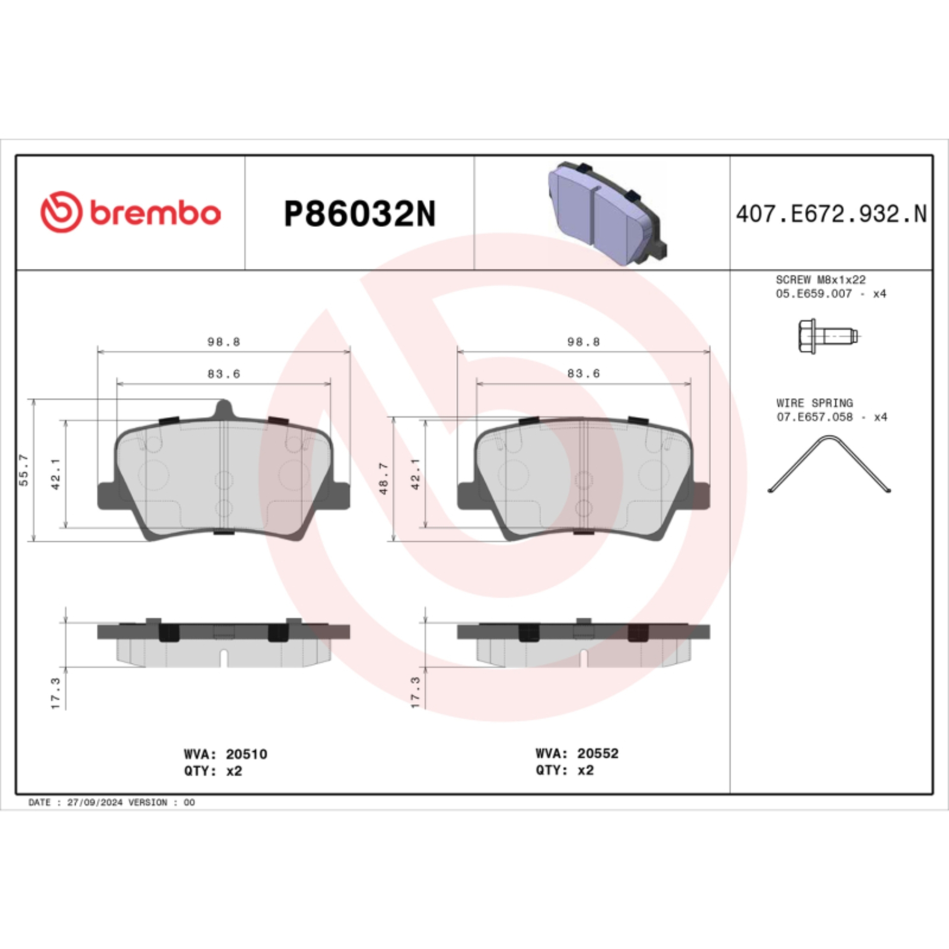 Picture of Brembo OE 19-24 Volvo XC40 PRIME Ceramic Brake Pad - Rear