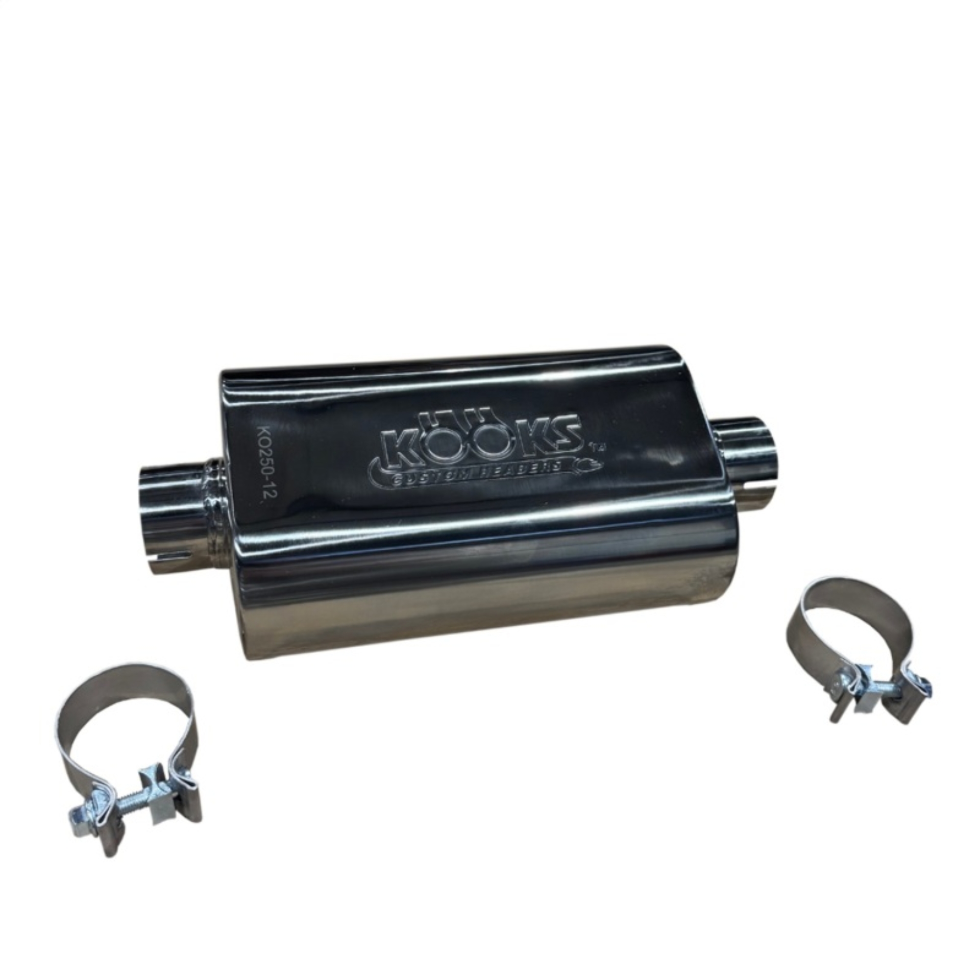 Picture of Kooks 2.5in Oval Clamp In Muffler 12in Long Body Polished Stainless Steel