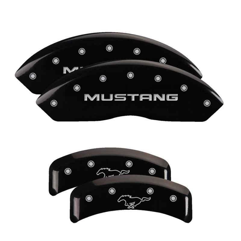 Picture of MGP 4 Caliper Covers Engraved Front Mustang Engraved Rear Pony Black finish silver ch